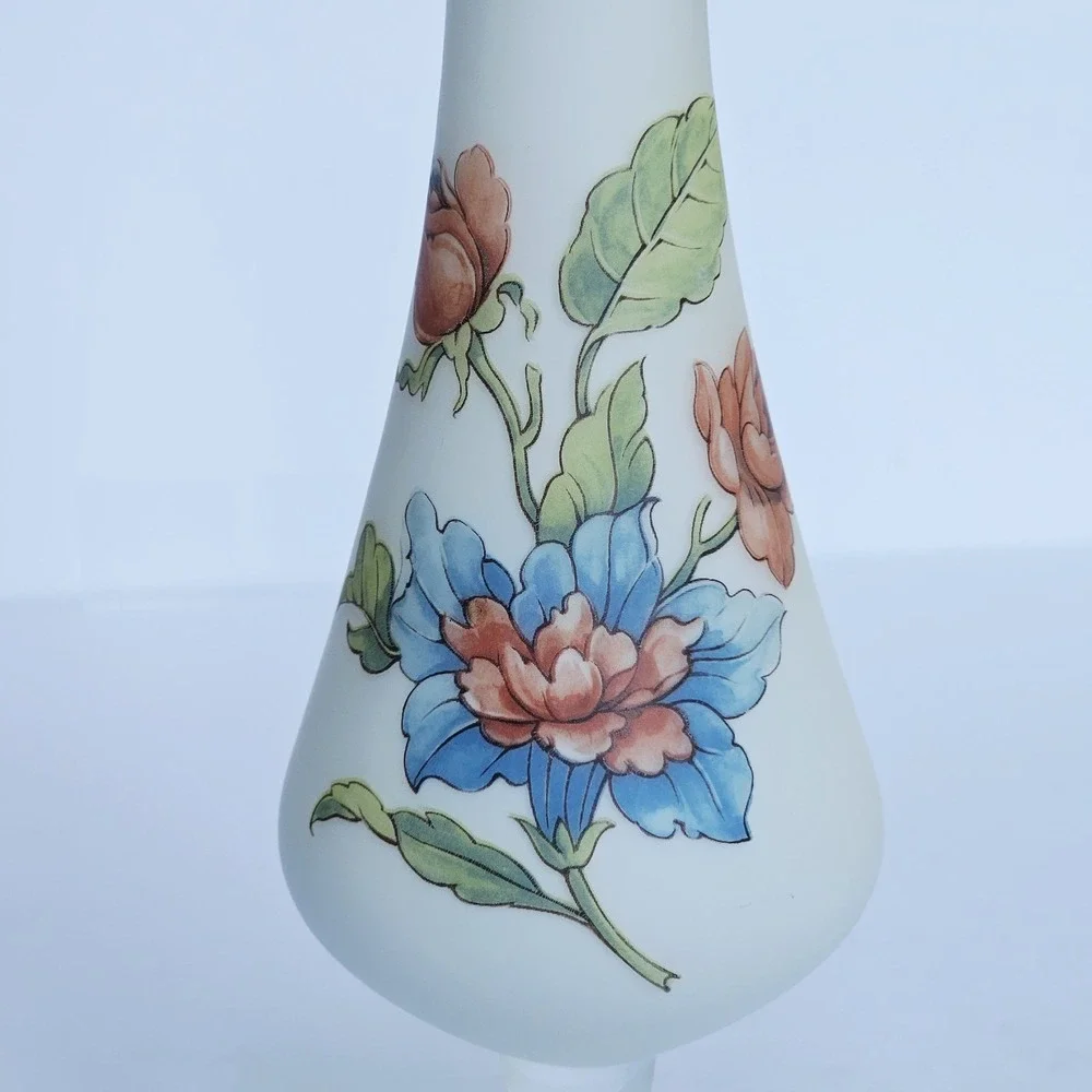 Vintage Frosted Satin Glass‎ Bud Vase Hand Painted Floral Gold Rim Decor 10.5in
